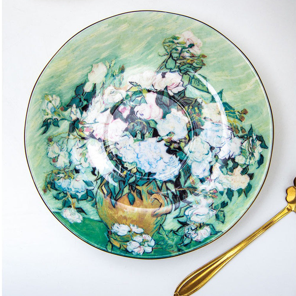 Front view of Van Gogh tea set on wooden shelf, showcasing gold trim and floral design.