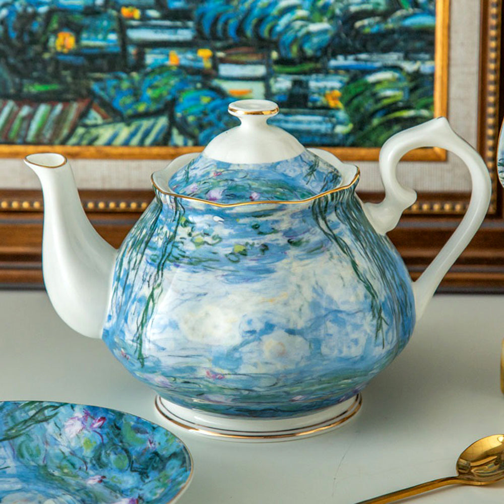 Close-up of the bone china teacup with hand painted Water Lilies and translucent glaze under natural light.