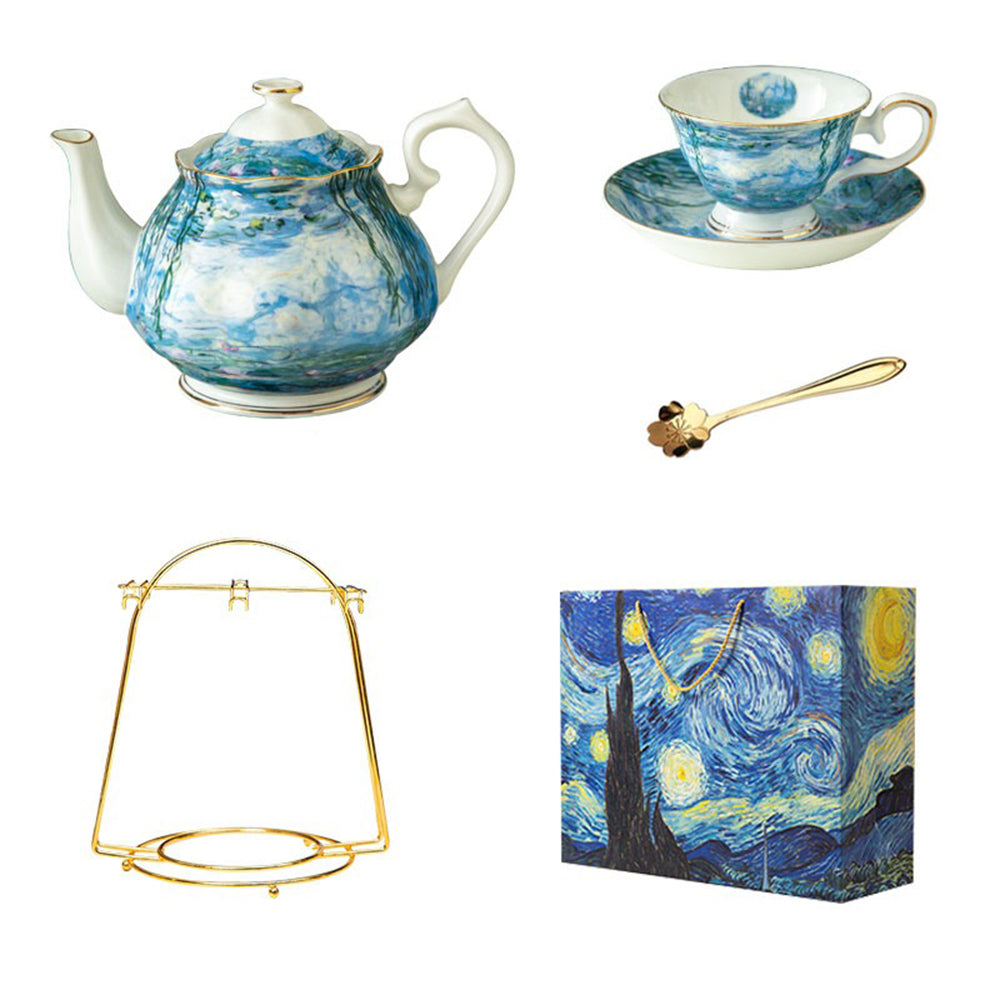 Top-down view of the artistic tea set arranged on a wooden table, showcasing Monet’s Water Lilies design and golden accents.