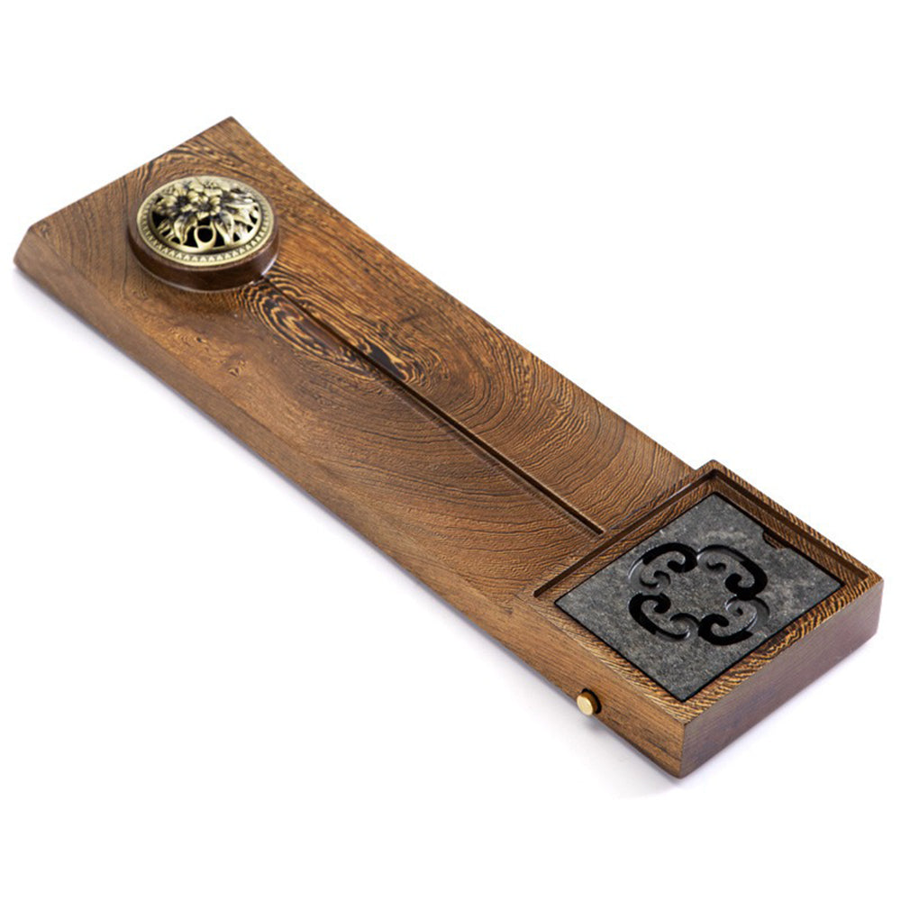 Elegant PANGA-PANGA wood tea tray showcasing incense burner and removable stone panel from a side angle.