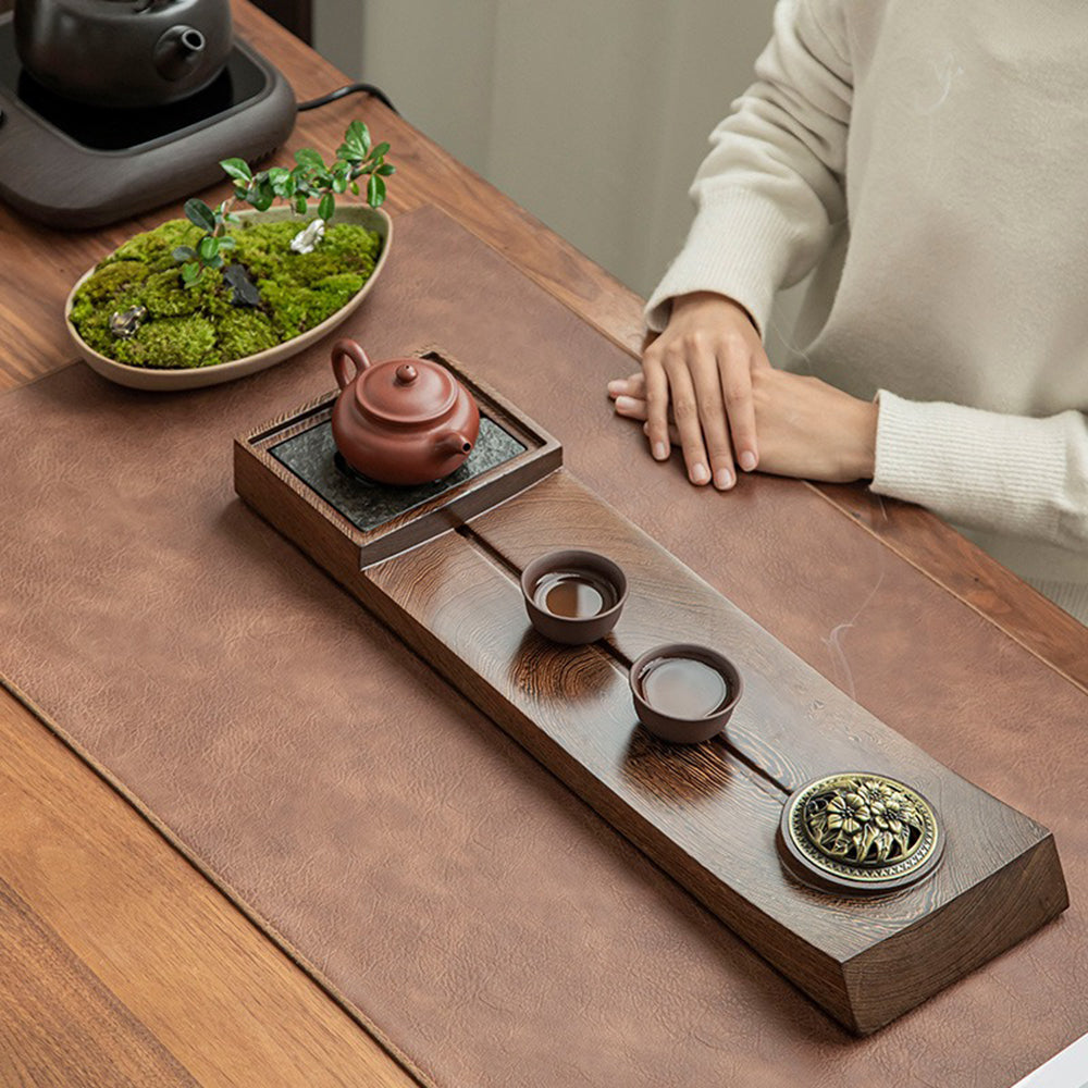 Top-down image of the premium tea ceremony tray with drainage system highlighting the removable black stone panel.