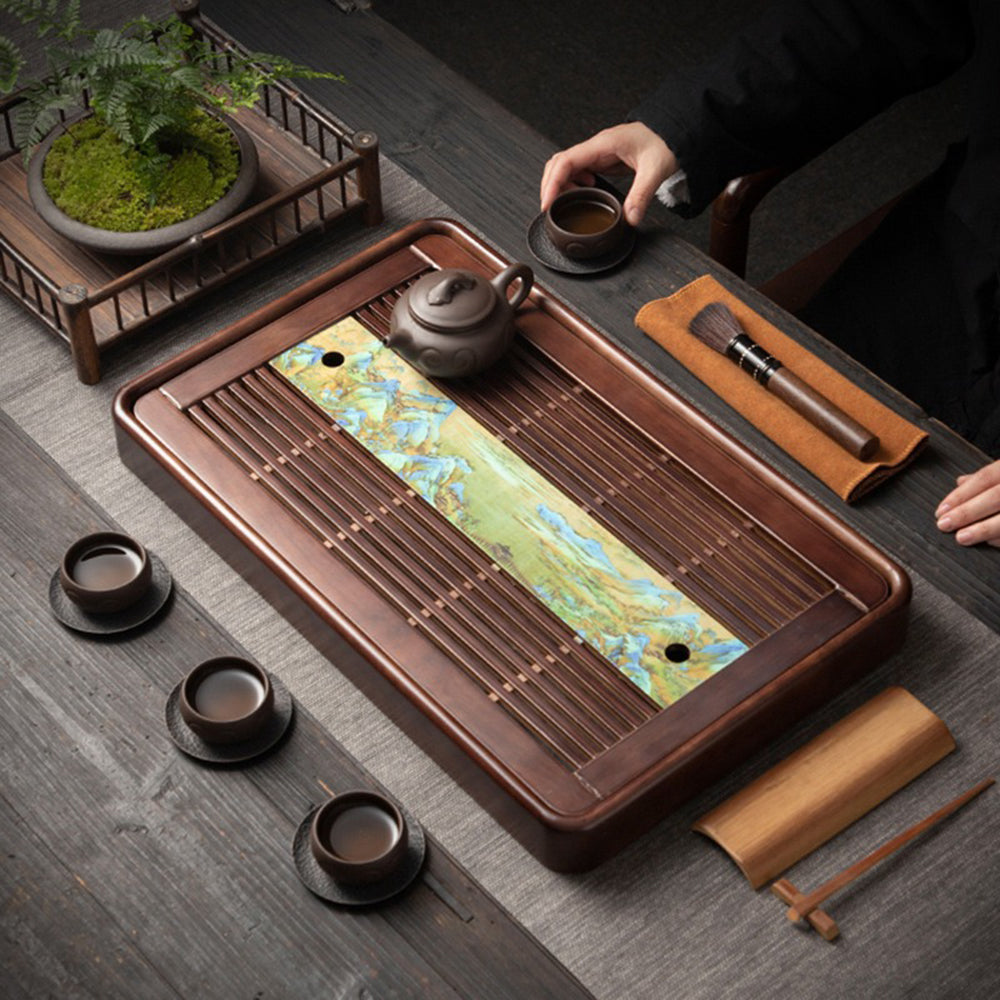 Tea tray with drainage system and tea set ready for ceremony