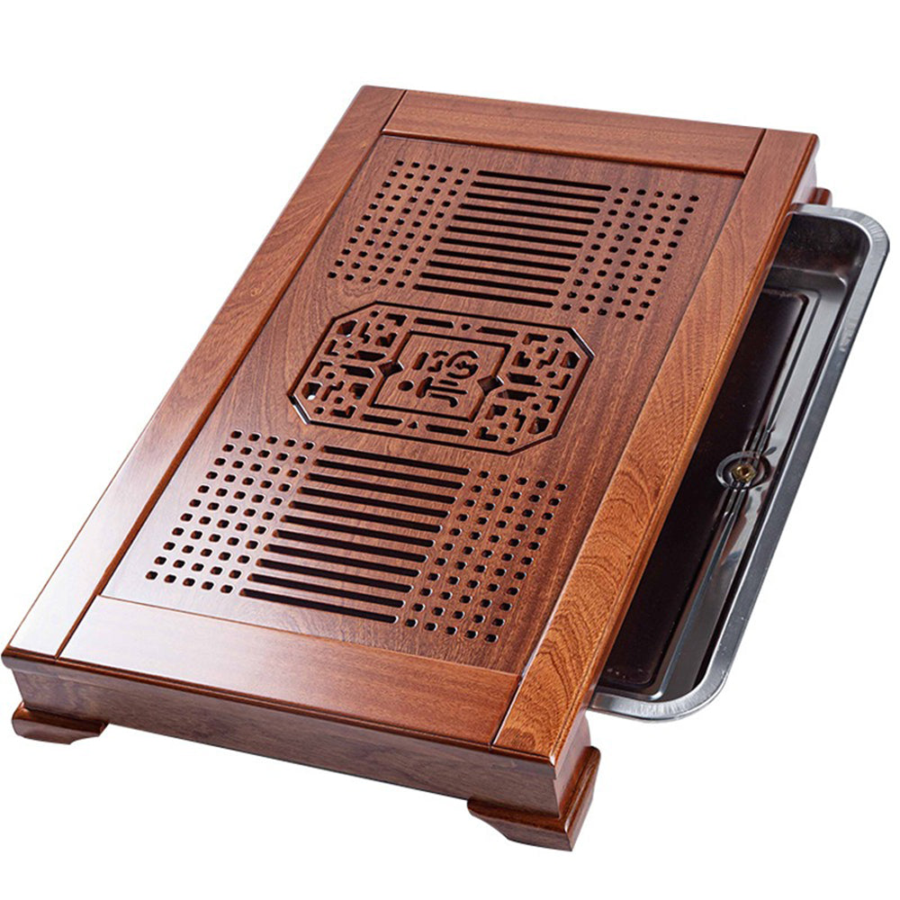 Elegant rosewood Gongfu tea tray showcasing its drainage features