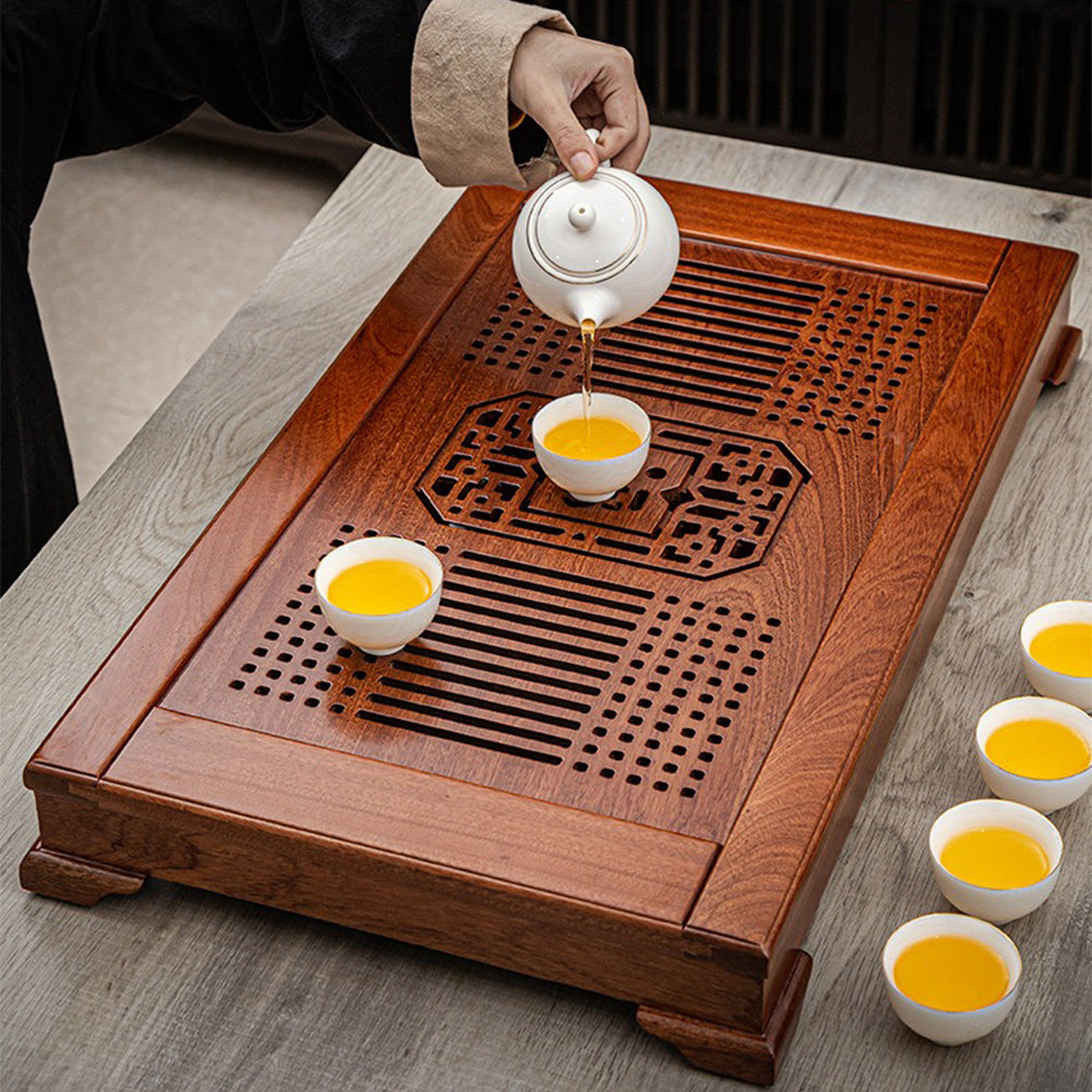Close-up of the FU character on the rosewood tea tray