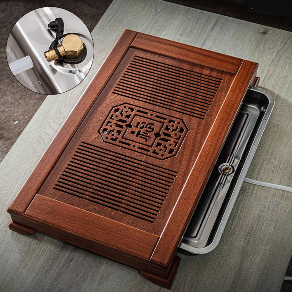 Elegant rosewood Gongfu tea tray showcasing its drainage features