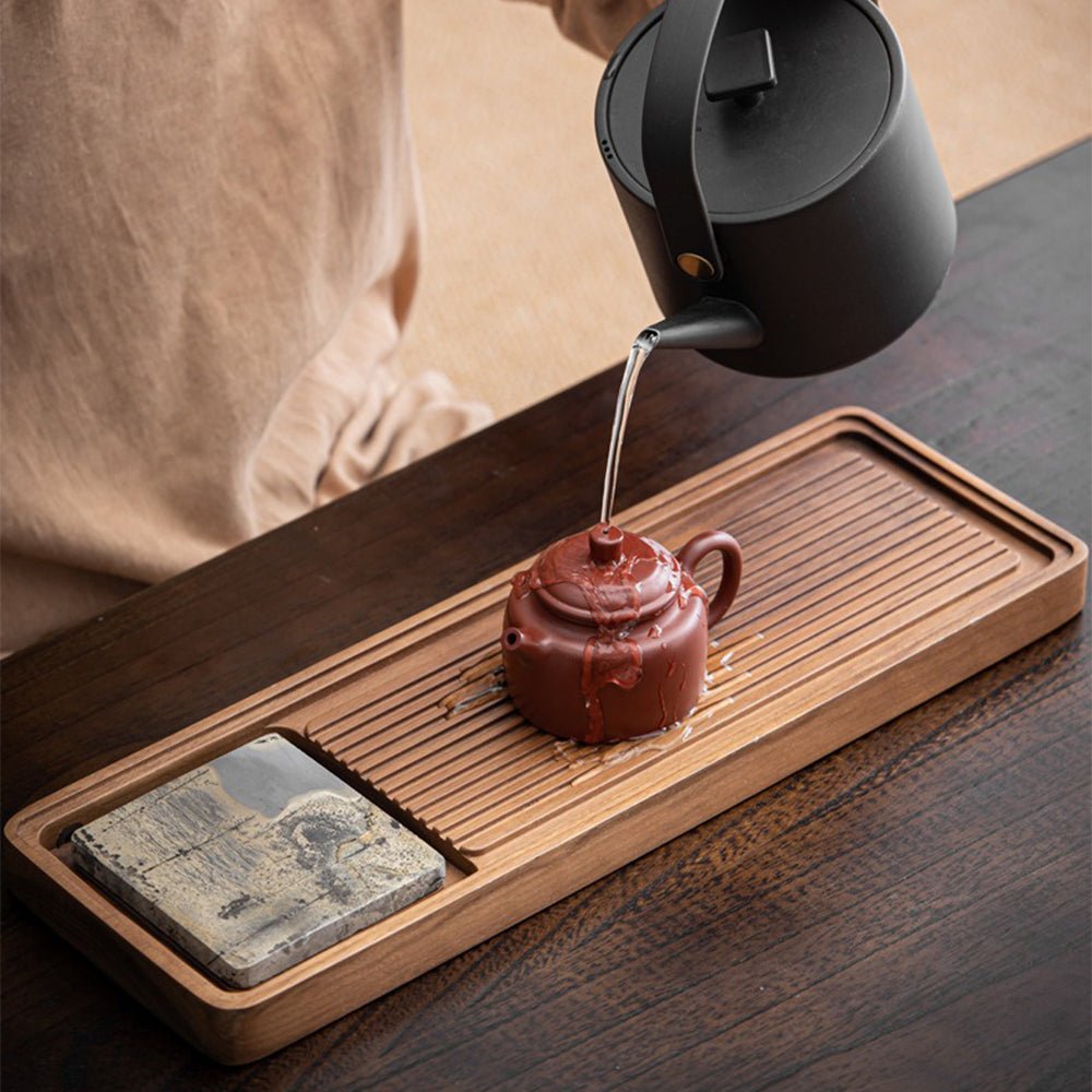 Elegant walnut tea tray with water drainage and natural finish