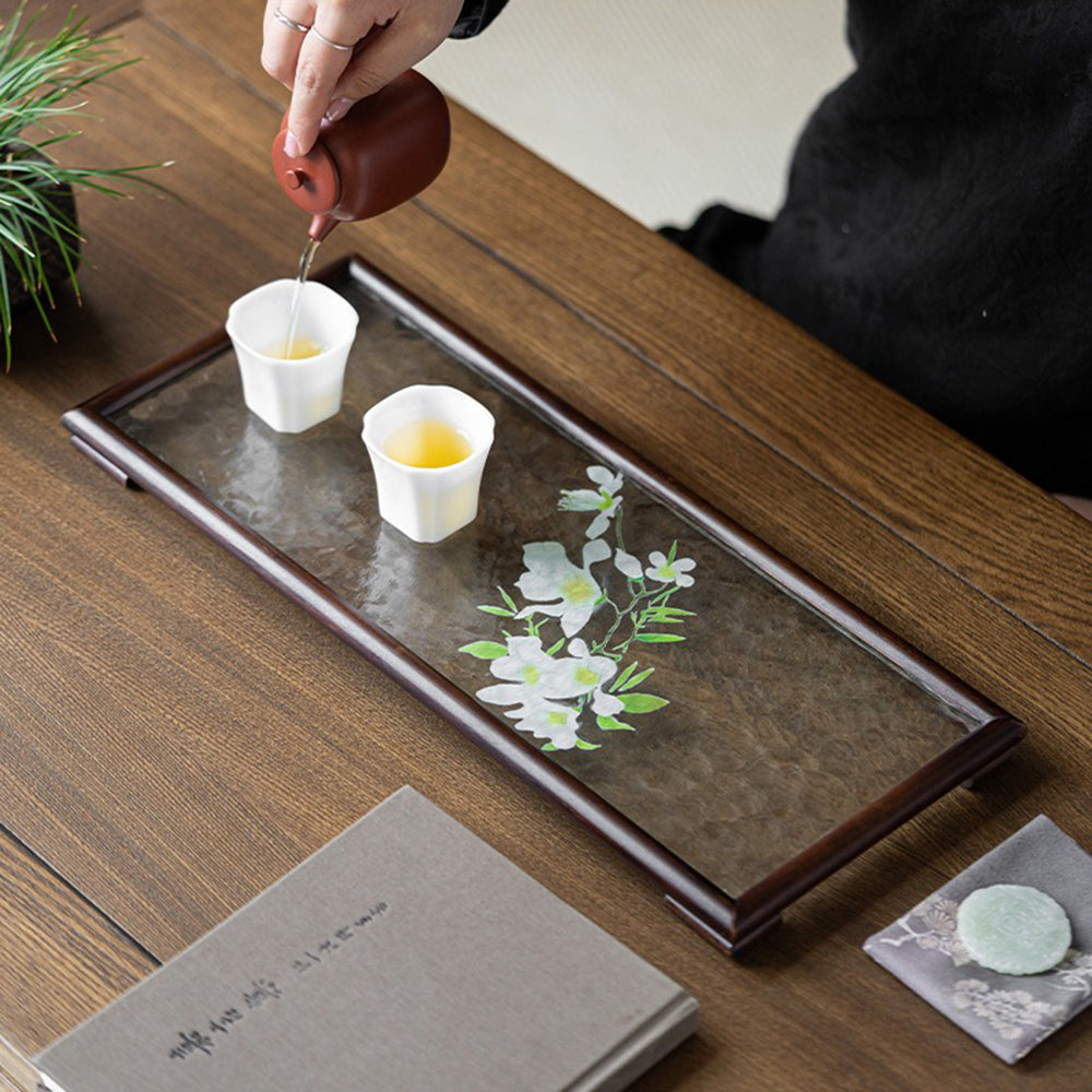 Elegant wooden tea tray with floral patterns, ideal for home decor