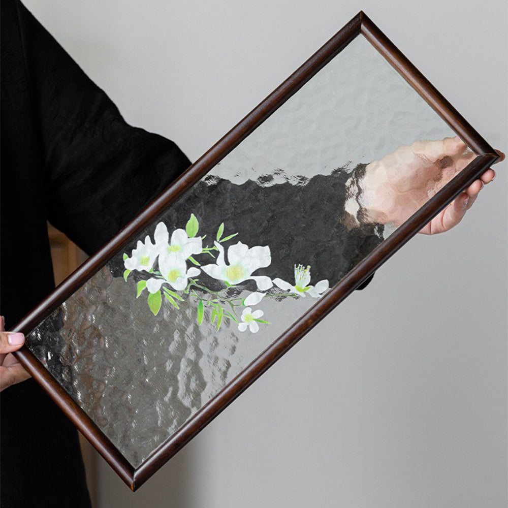 Elegant wooden tea tray with floral patterns, ideal for home decor