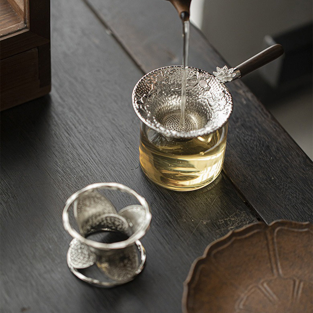 Close-up of the alloy tea strainer showcasing detailed design