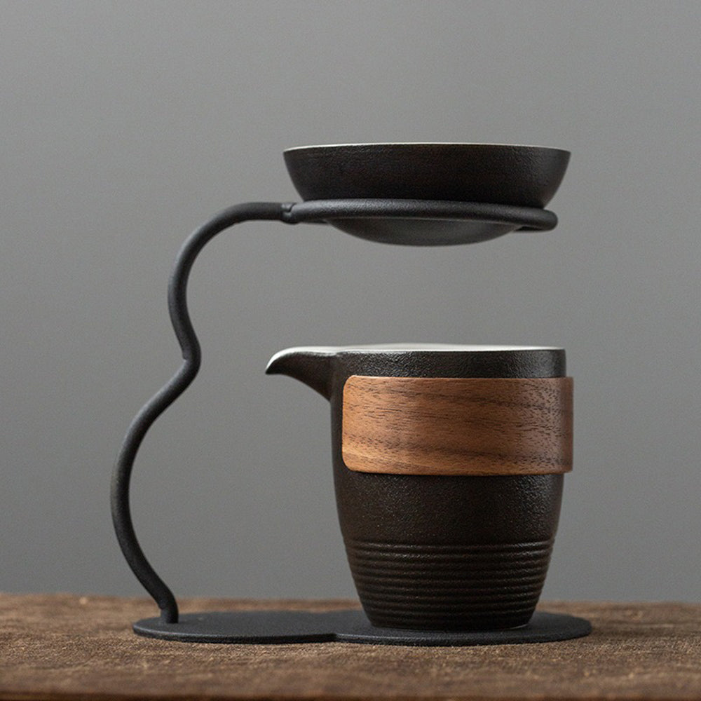 Top-down image of ceramic tea strainer in rack, ideal for brewing loose leaf tea