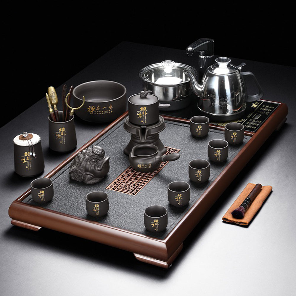 Elegant purple clay automatic gongfu tea set showcasing the teapot and cups.