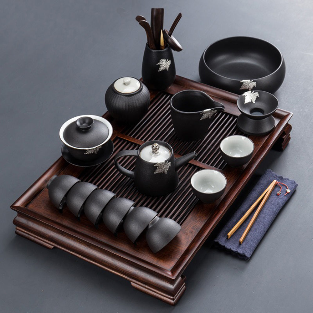 Japanese black pottery tea set with tray and accessories for home use