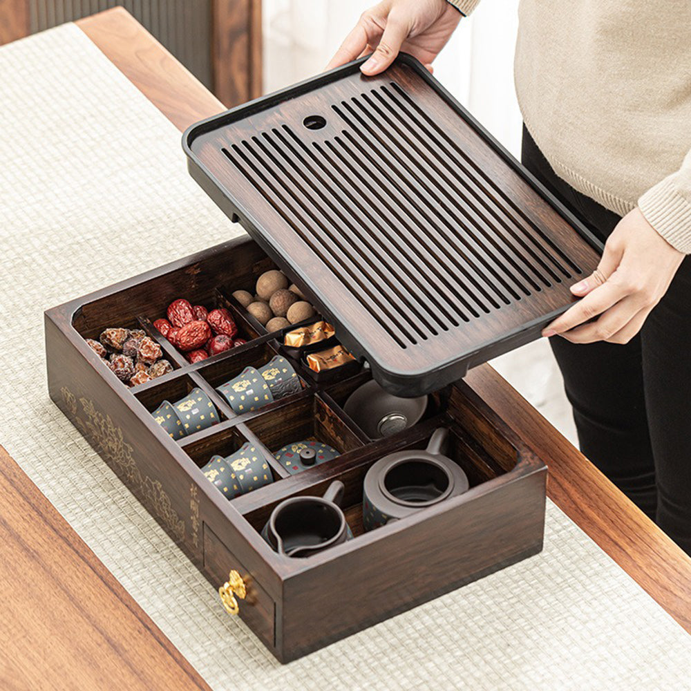 Tea set with bamboo storage box showcasing the 70% drainage area for efficient water removal.