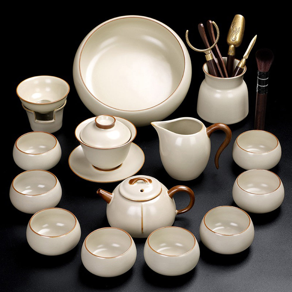 High-angle shot of the tea set arranged on the black stone tea tray