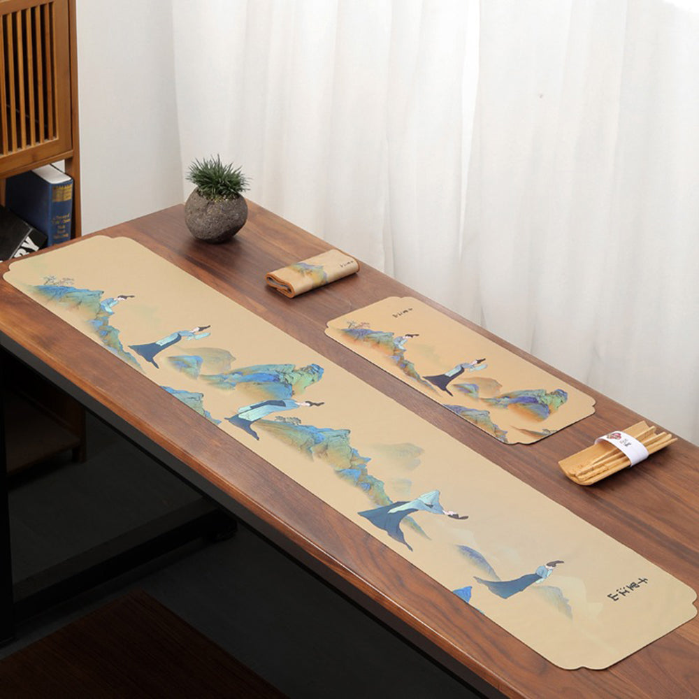 Close-up of velvet tea table mat with intricate Chinese painting design