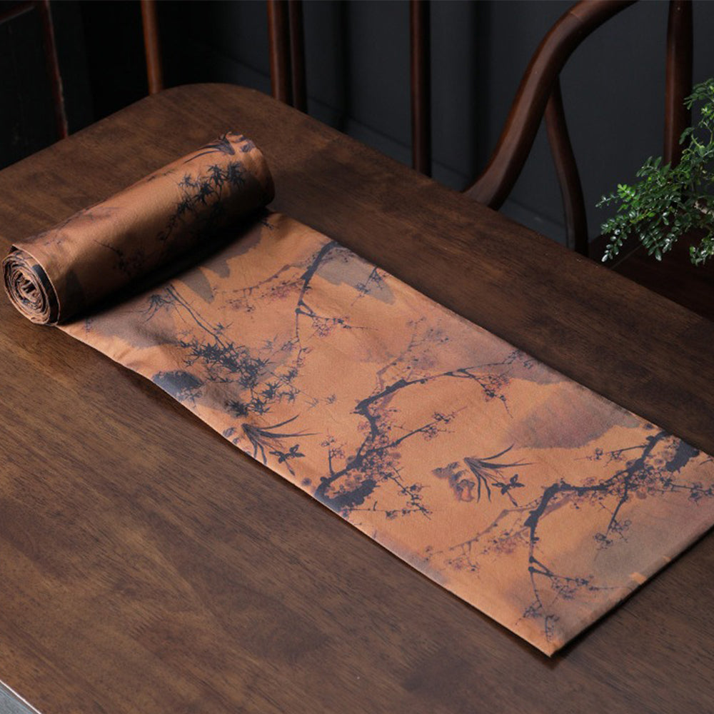 Close-up of orchid bamboo Chinese tea mat with traditional ink paintings