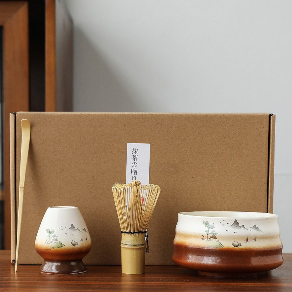 Ceramic bowl with mountains design for matcha tea