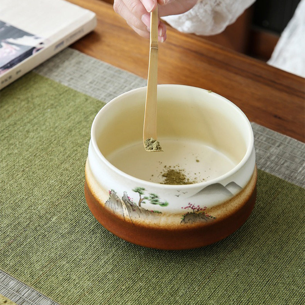 Ceramic bowl with mountains design for matcha tea
