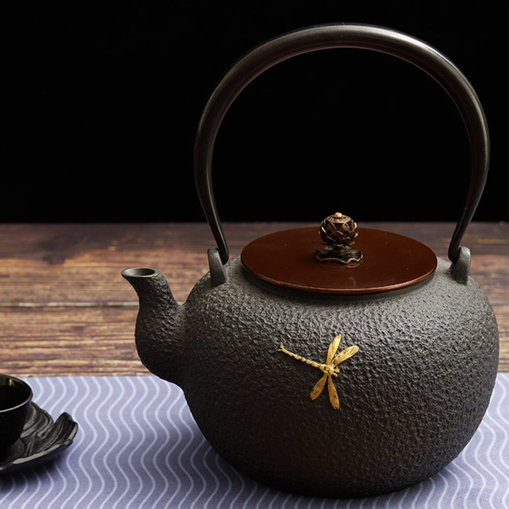 High-quality iron teapot for stove heating, showcasing dragonfly and lotus designs.