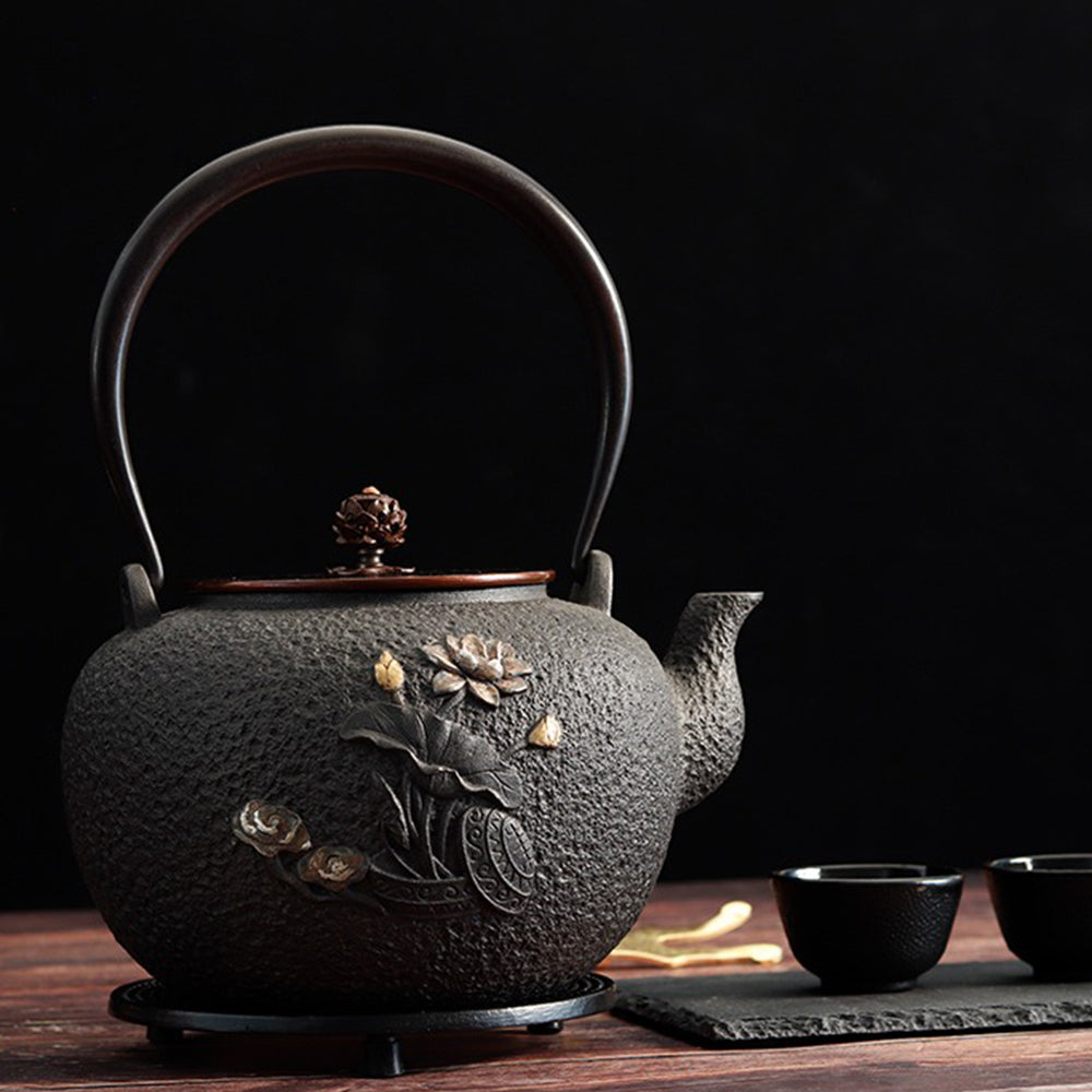 Elegant Japanese teapot on a wooden table, perfect for entertaining guests.