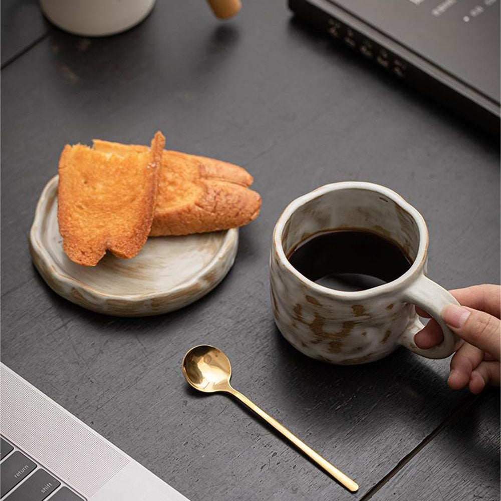The retro style Tokoname-yaki mug paired with a large coaster, perfect for coffee or tea.