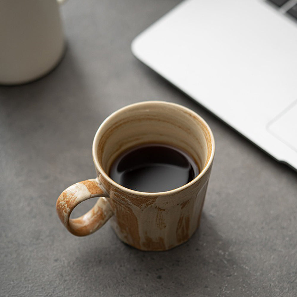 Side view of Hagi-yaki ceramic mug with ergonomic handle, perfect for tea or coffee