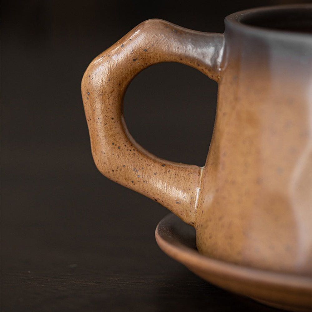Mino-yaki mug with saucer set on a wooden table, ideal for tea or coffee