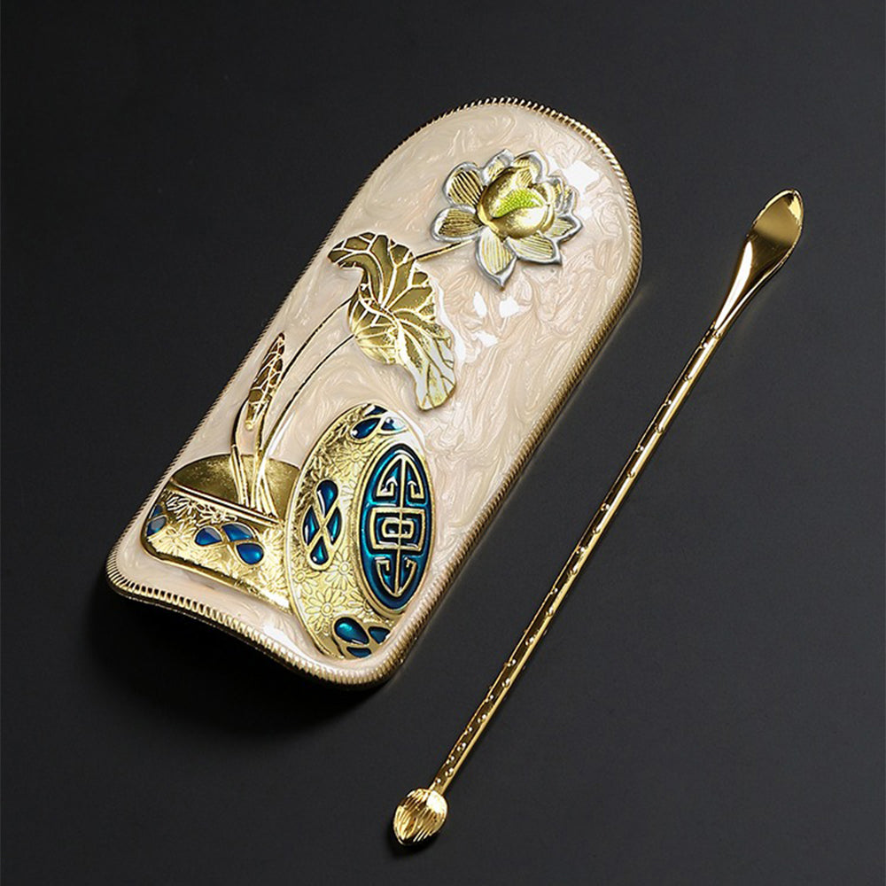 Close-up of lotus relief on alloy cha he for tea ceremony
