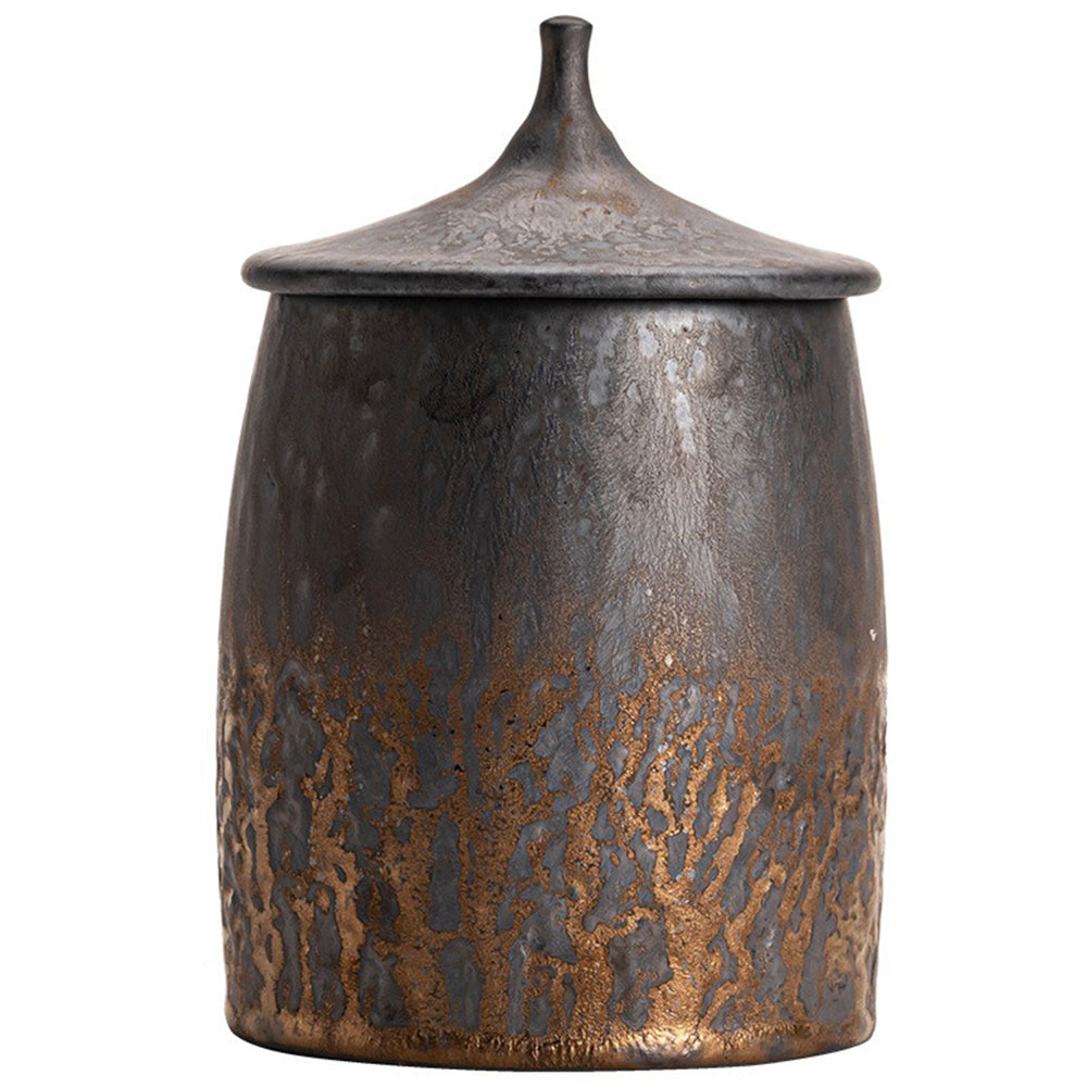 Rustic barn pottery tea caddy with a smooth round edge and gilded glaze.