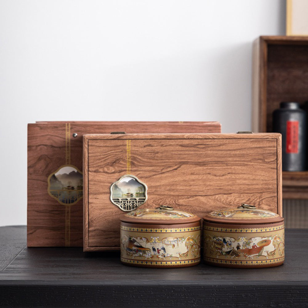 Elegant purple clay tea caddy set showcasing the Riverside Scene at Qingming Festival artwork.