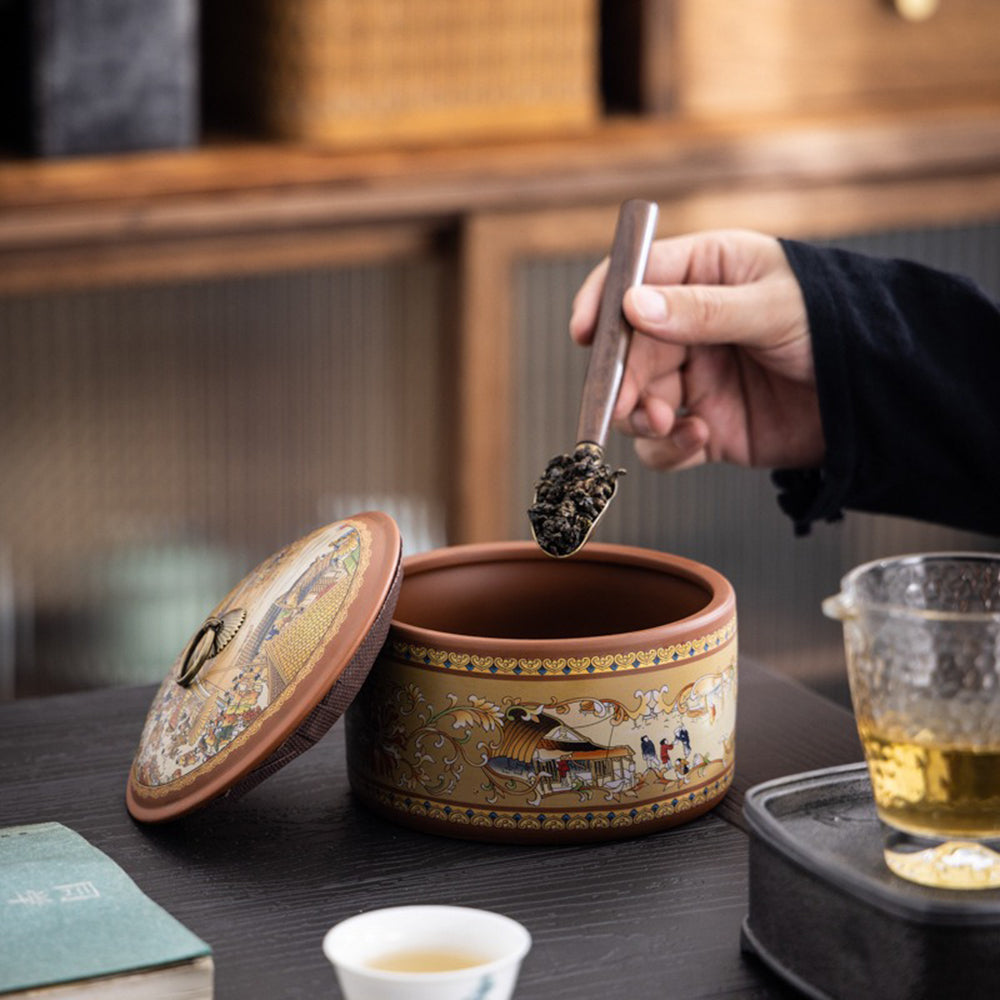 Elegant purple clay tea caddy set showcasing the Riverside Scene at Qingming Festival artwork.