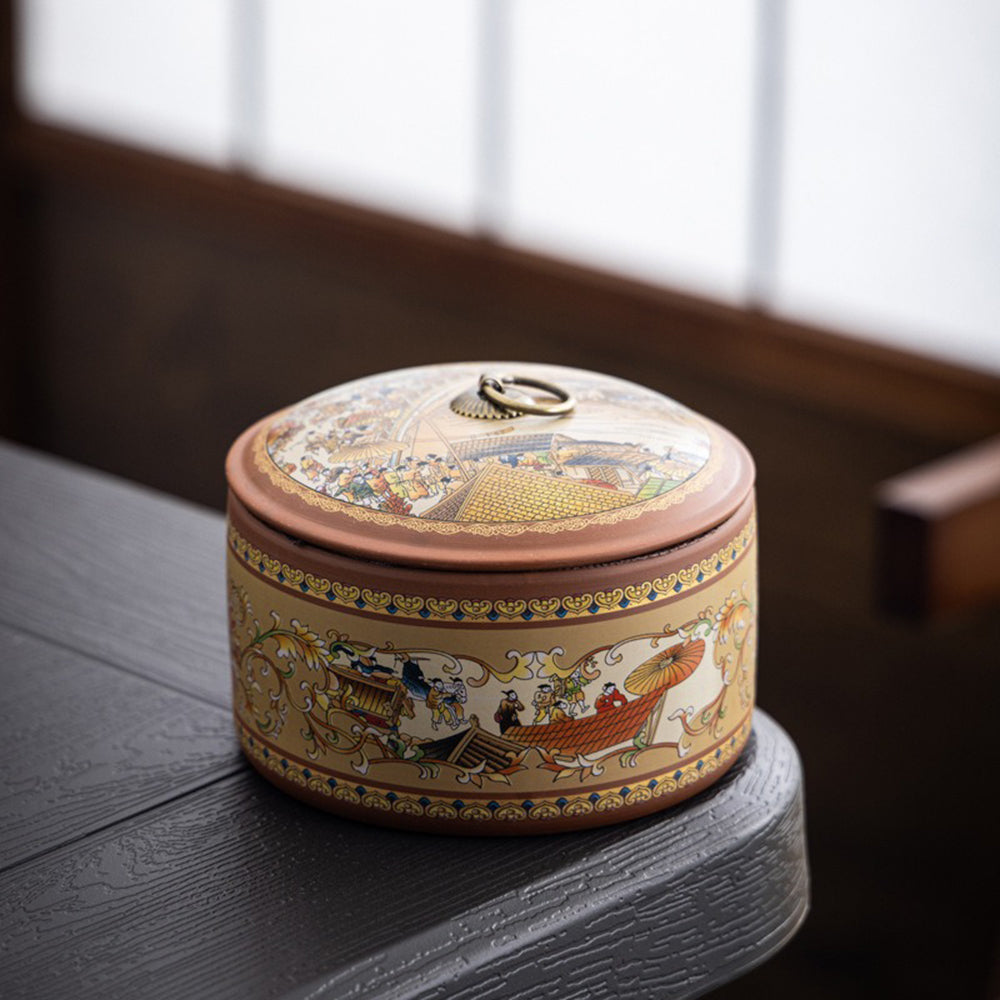 Close-up of the smooth mouth and copper buckle of the purple clay tea caddy, ideal for tea storage.