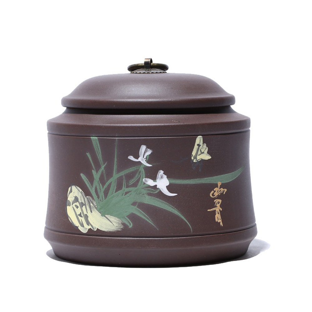 Elegant purple clay tea caddy on a tea table, highlighting traditional craftsmanship
