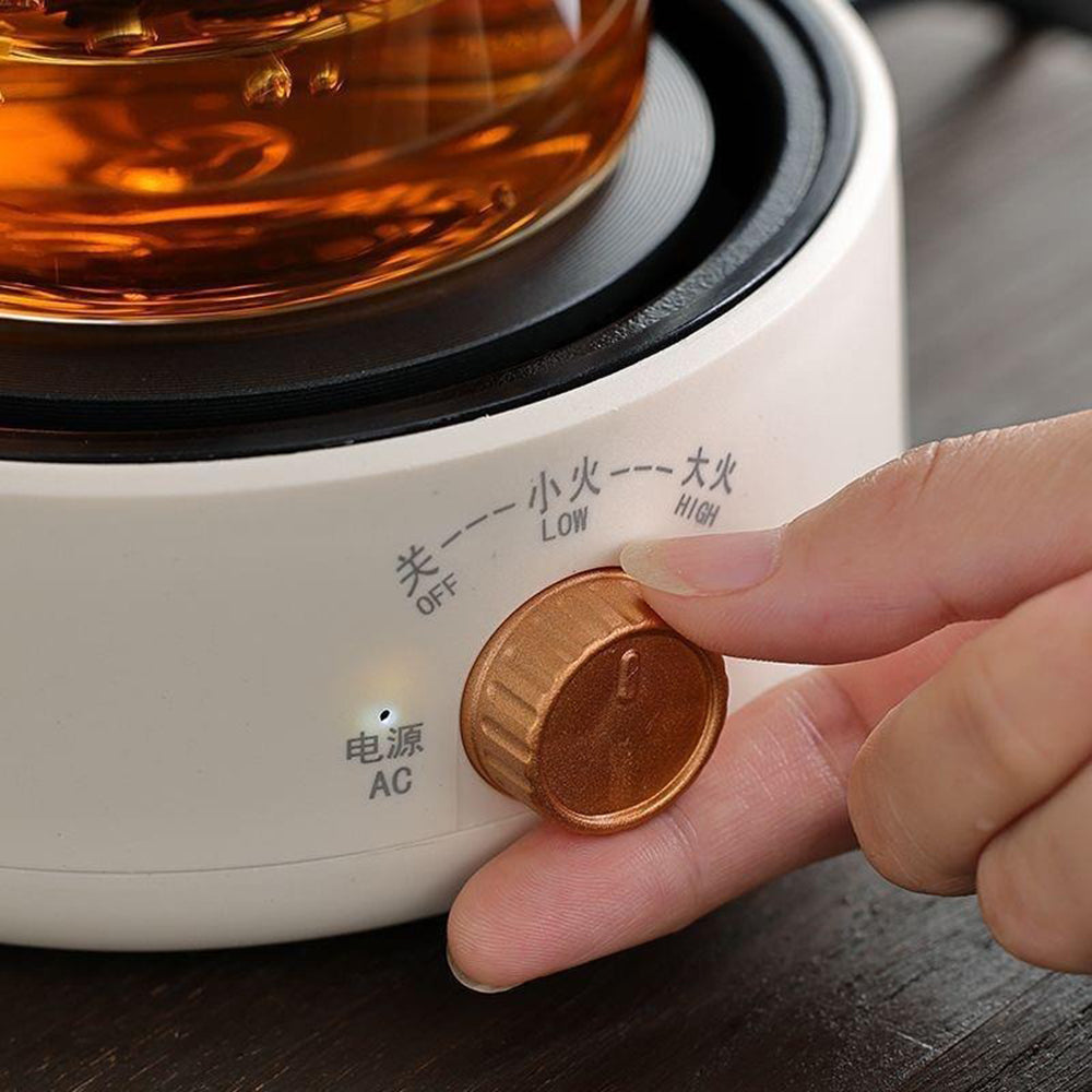 Compact electric stove heater showcasing its rotary temperature control knob.