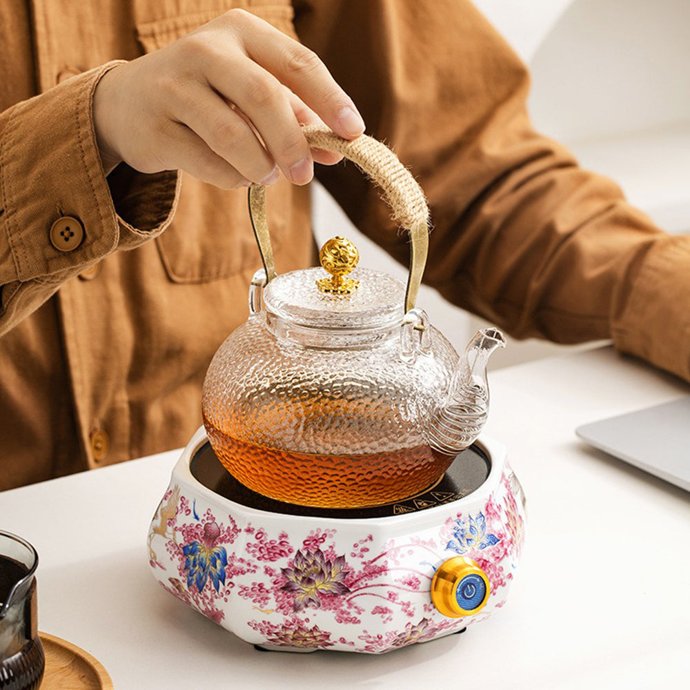 Close-up of the high power teapot warmer with auto shut off feature highlighted in a modern kitchen setting.