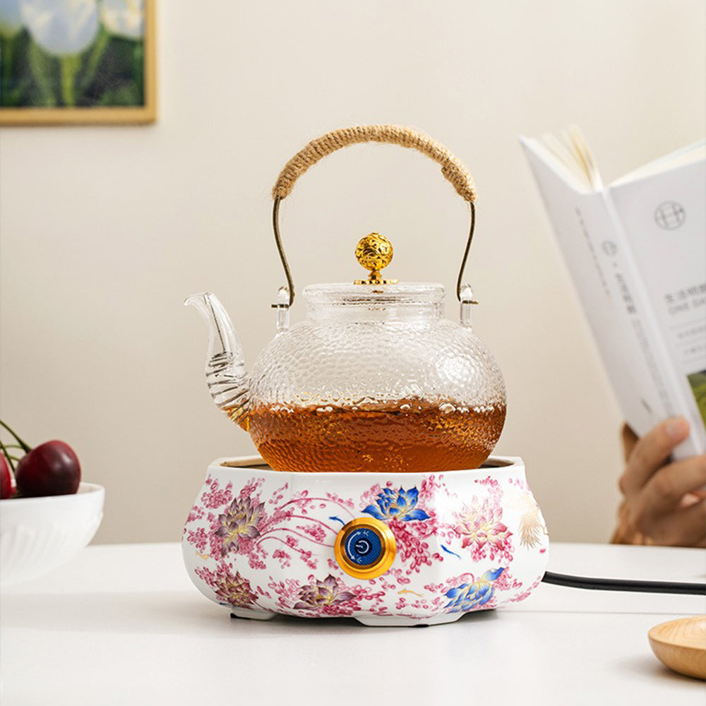 Lotus Teapot Warmer in use for brewing tea in an RV, demonstrating its portability and functionality.