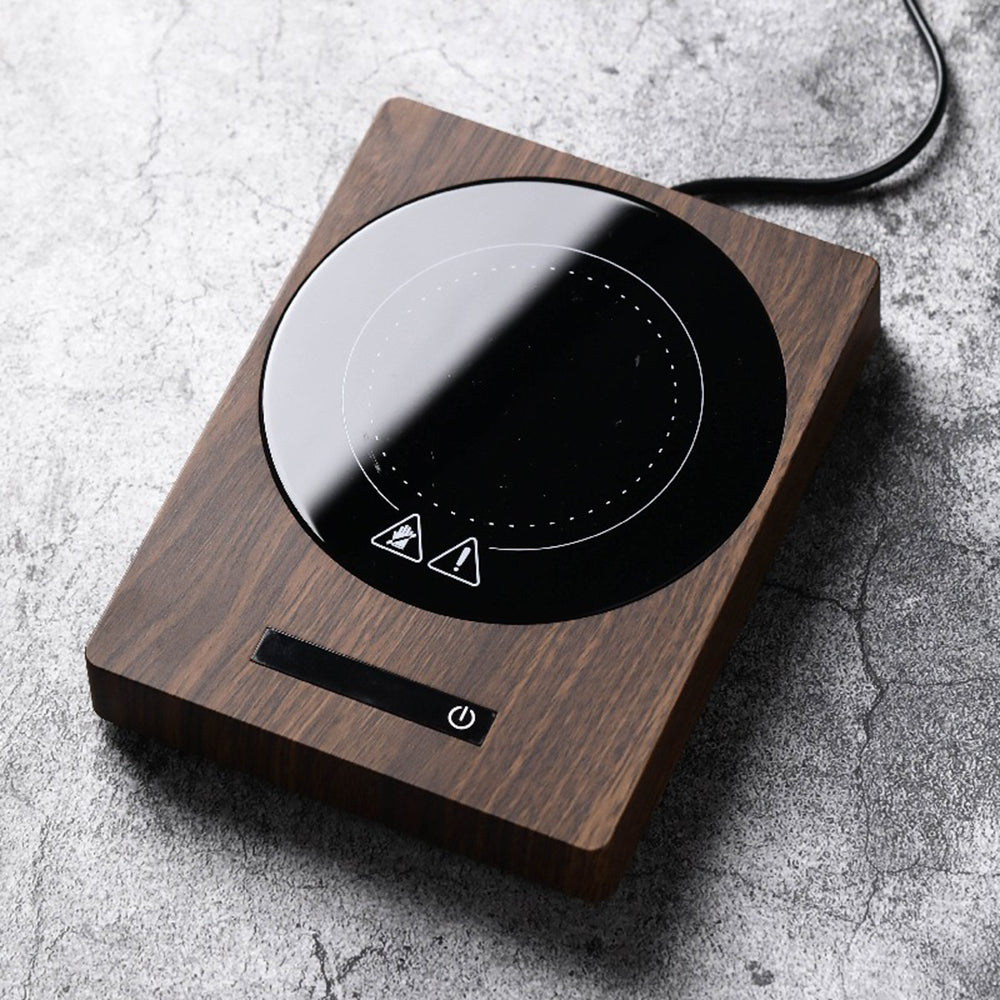 Top view of WalnutTouch teapot warmer showing touch controls and sleek walnut finish