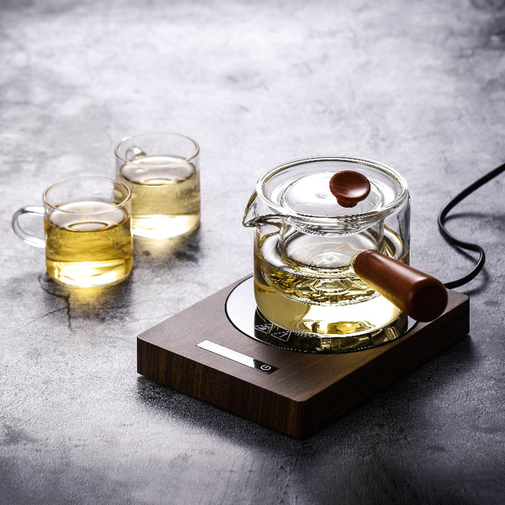 Top view of WalnutTouch teapot warmer showing touch controls and sleek walnut finish