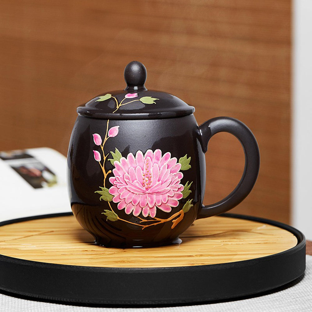 Close-up of the artisan peony color changing teacup showcasing its intricate design and color transition.