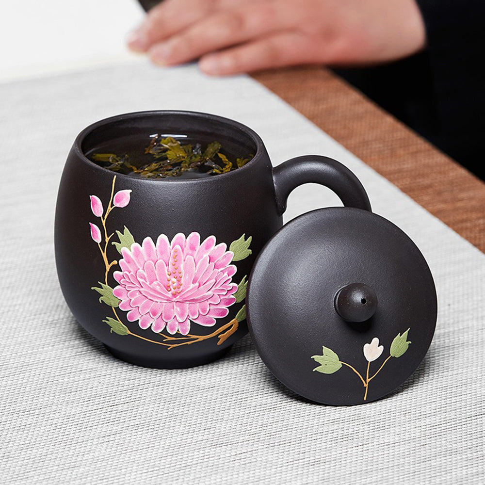 Top view of the peony teacup with lid, demonstrating its perfect fit and smooth finish.