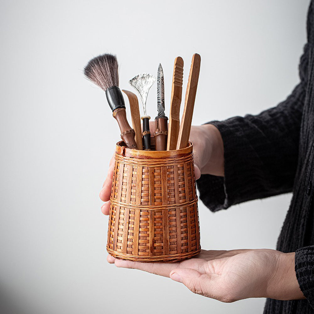 Full view of bamboo tea utensils set including all components