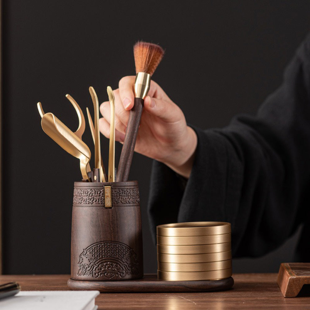 Complete Chinese tea set including utensils and ebony holder for elegant tea brewing