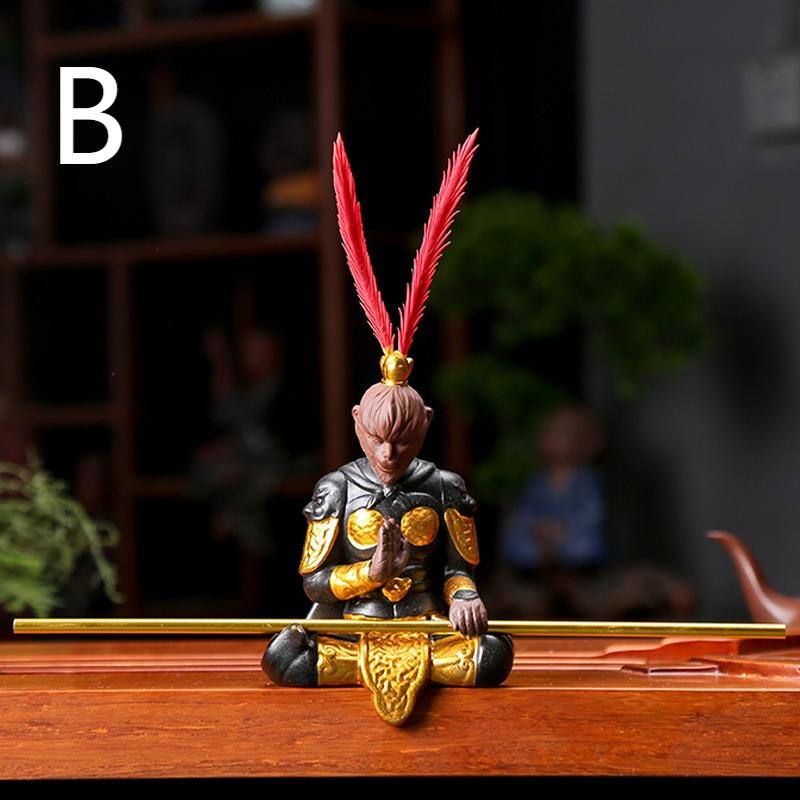 Wukong figurine displayed on a tea table, highlighting its role as a unique ceramic home decor piece