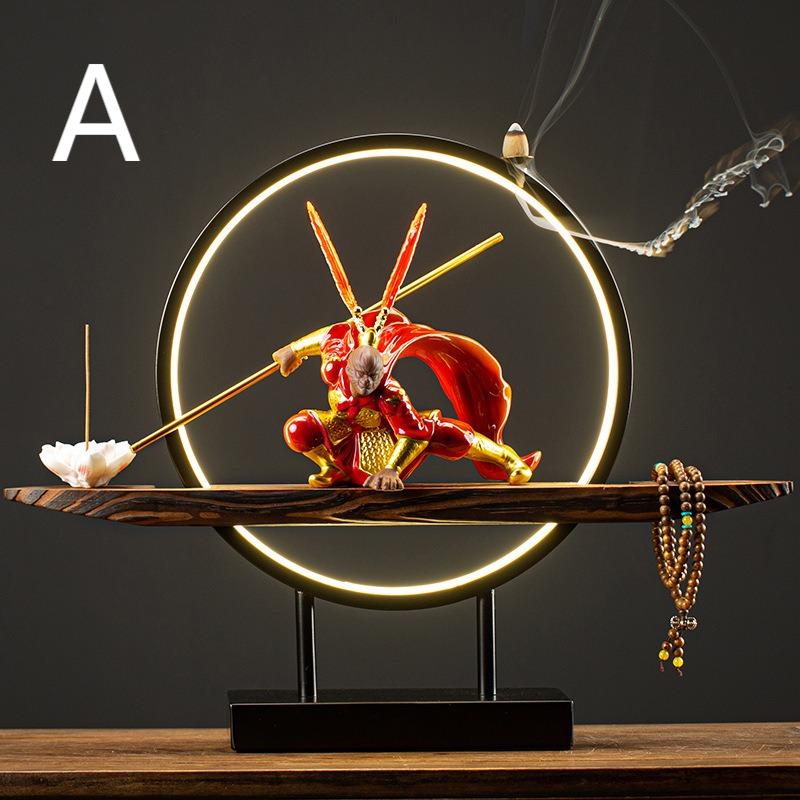 Close-up of the lotus incense holder beside the Wukong figure, enhancing the Zen decor.