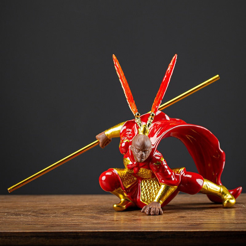 Close-up of the lotus incense holder beside the Wukong figure, enhancing the Zen decor.
