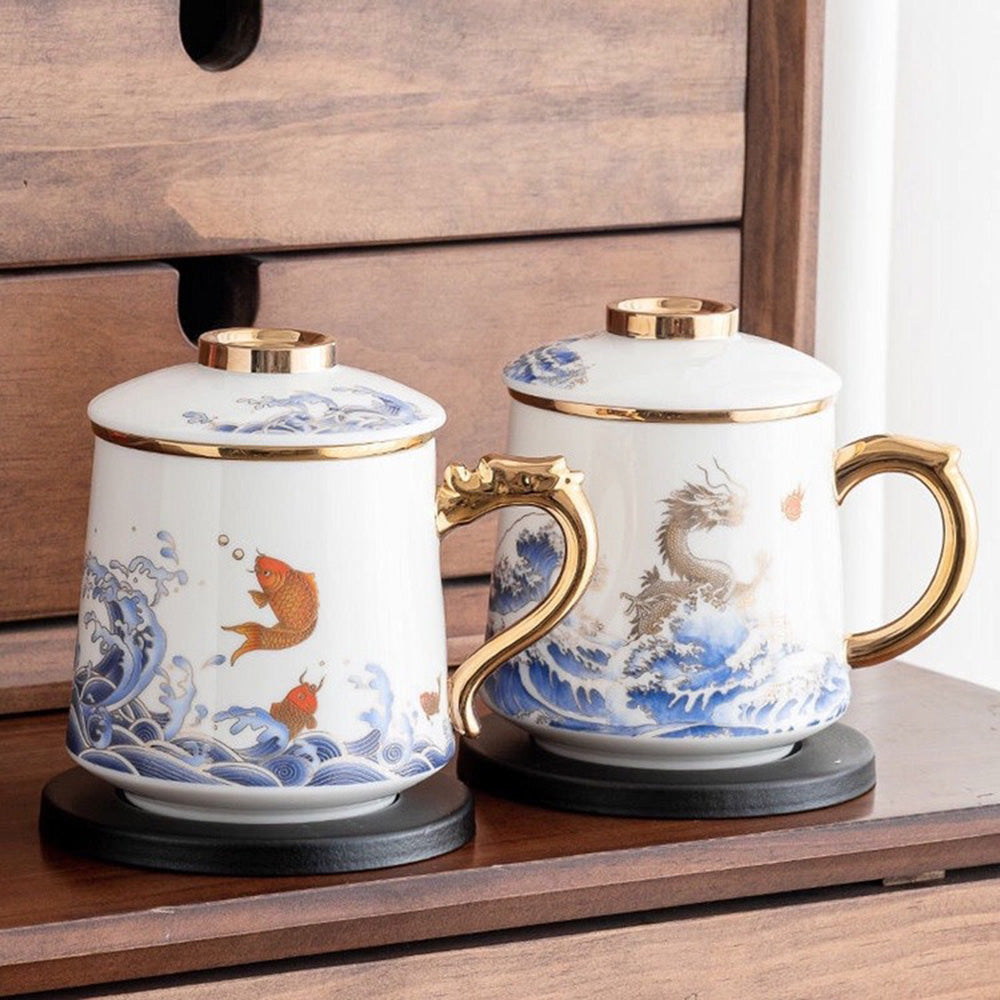 Side angle of the jade tea cup highlighting the gold-plated dragon handle and porcelain texture