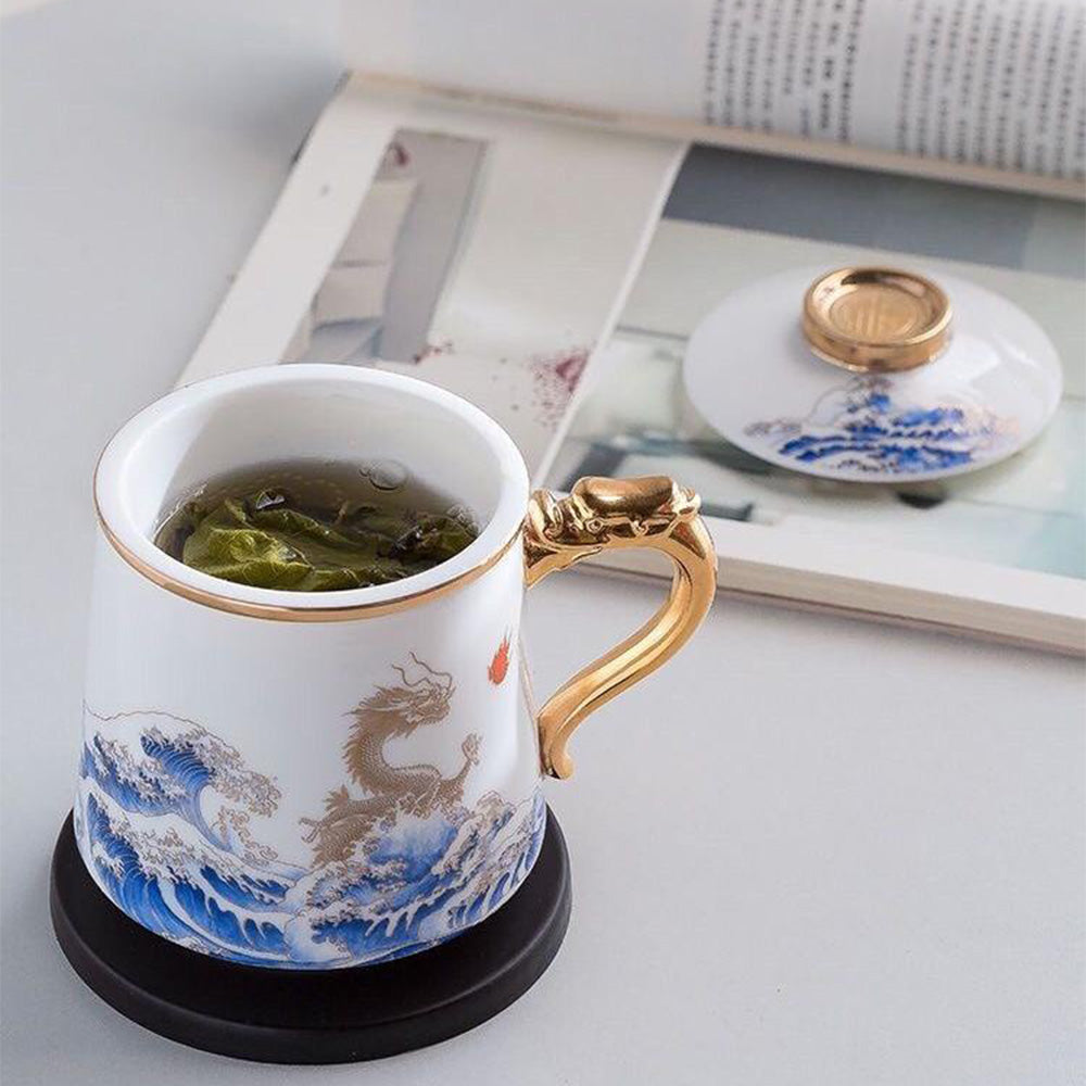 Complete premium ceramic tea cup set with wooden coaster, ideal for gifting or daily use