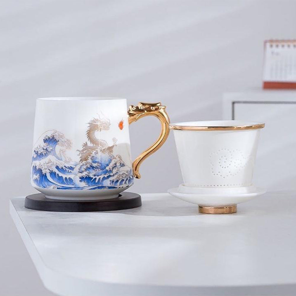 Top view of the luxury dragon tea cup with lid showing the golden strainer and sea wave design