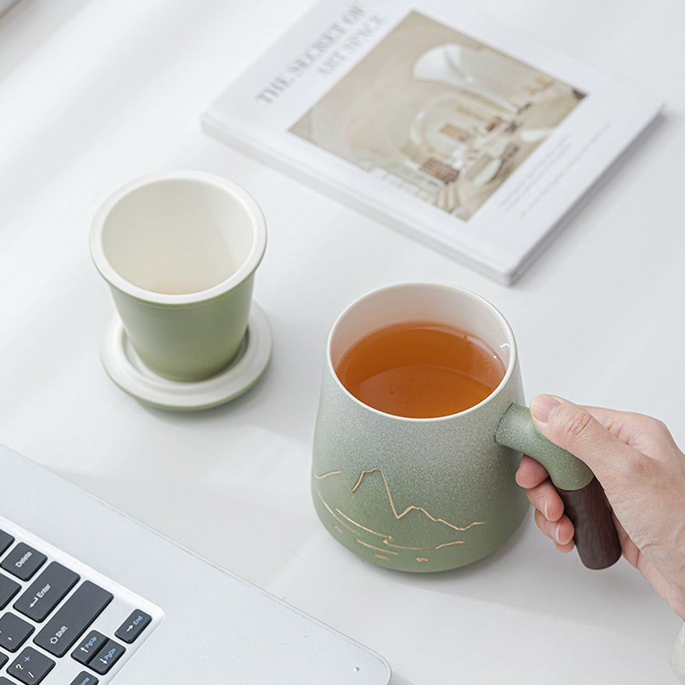Elegant ceramic tea cup with lid used as a coaster on a wooden table