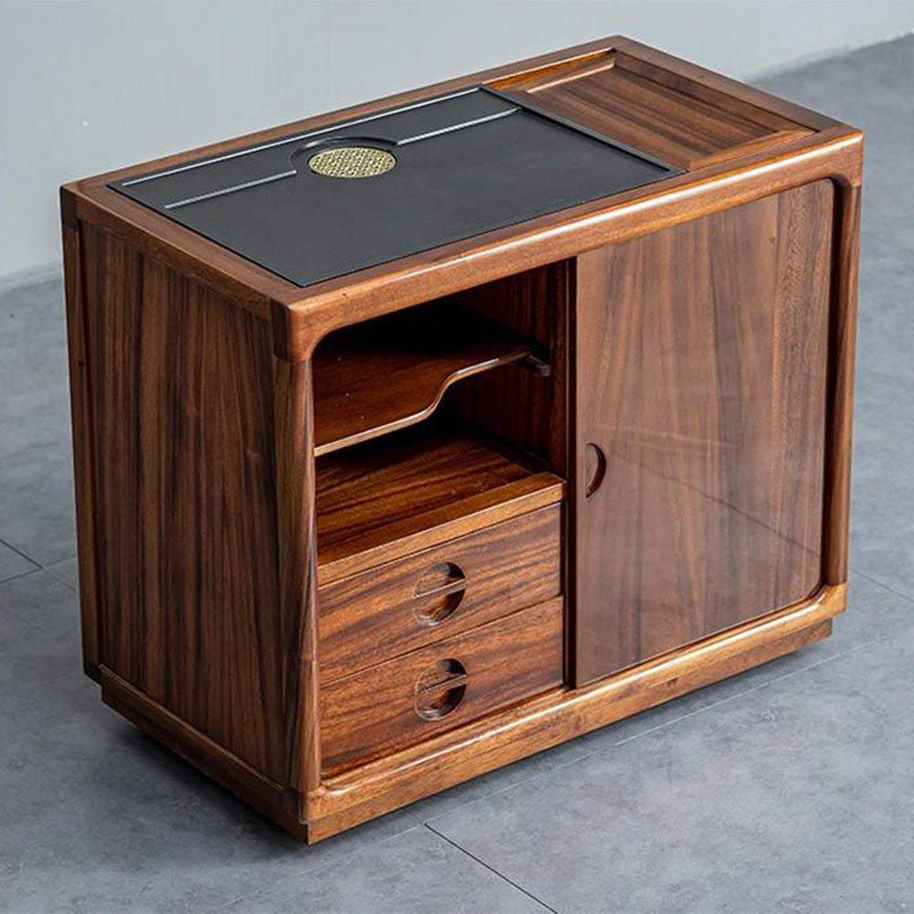 Elegant walnut movable tea table with black stone tray and open shelves, perfect for tea brewing.